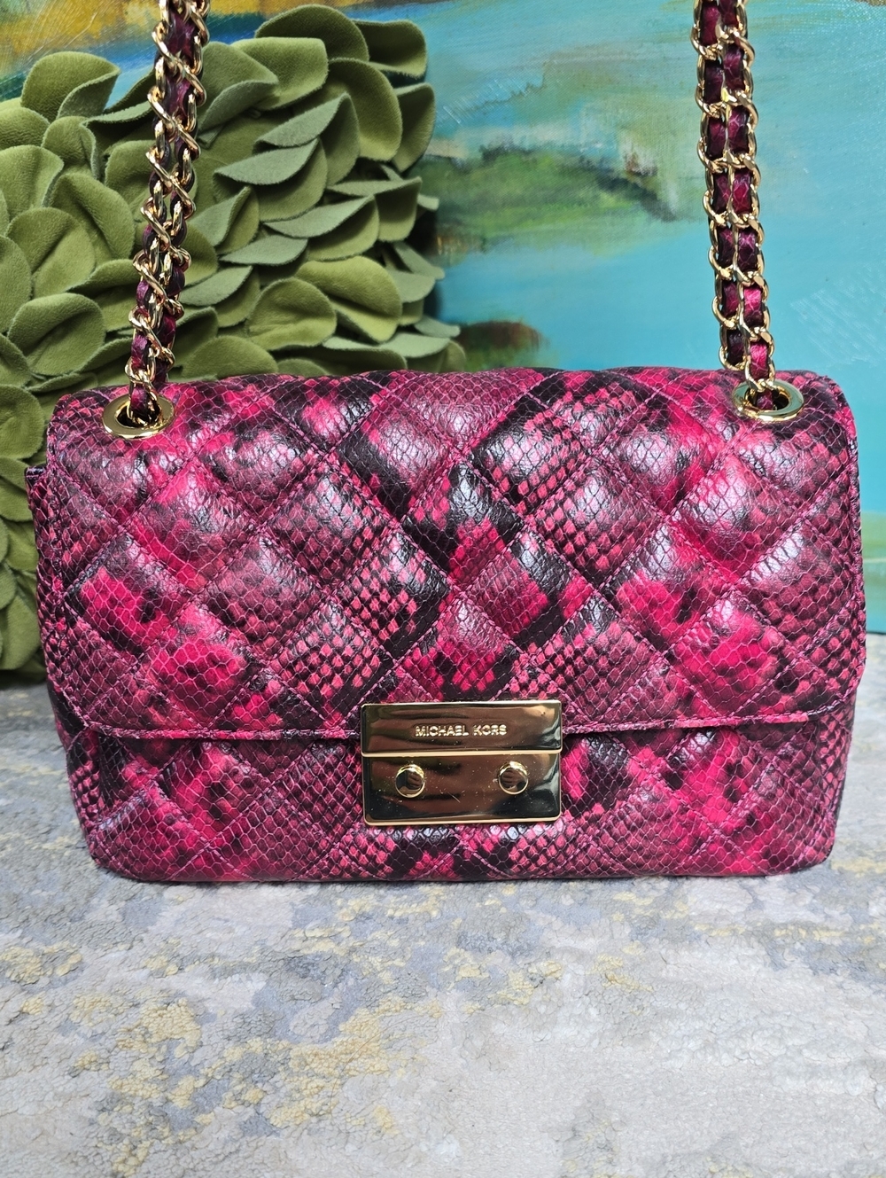 Michael Kors Sloan Fuchsia Quilted Snake Print Leather Chain Shoulder Bag